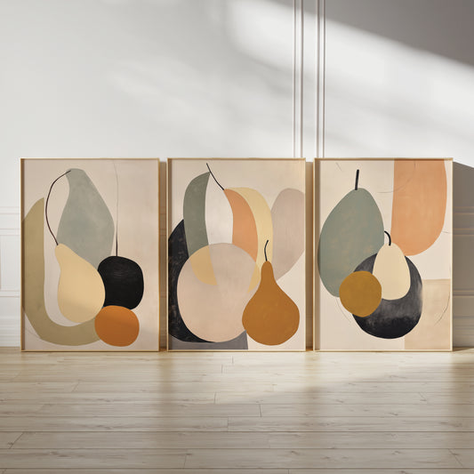 abstract kitchen prints, abstract fruit in warm earth colours including sage green, rust orange and beige