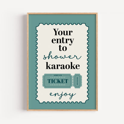 Aqua green bathroom print, shower karaoke