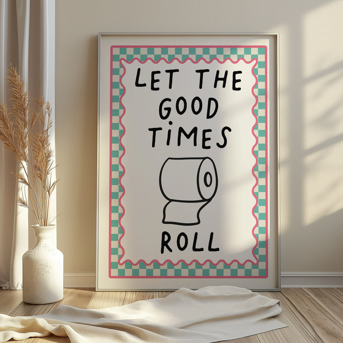Chequered Bathroom Print, Let the Good Times Roll, Aqua