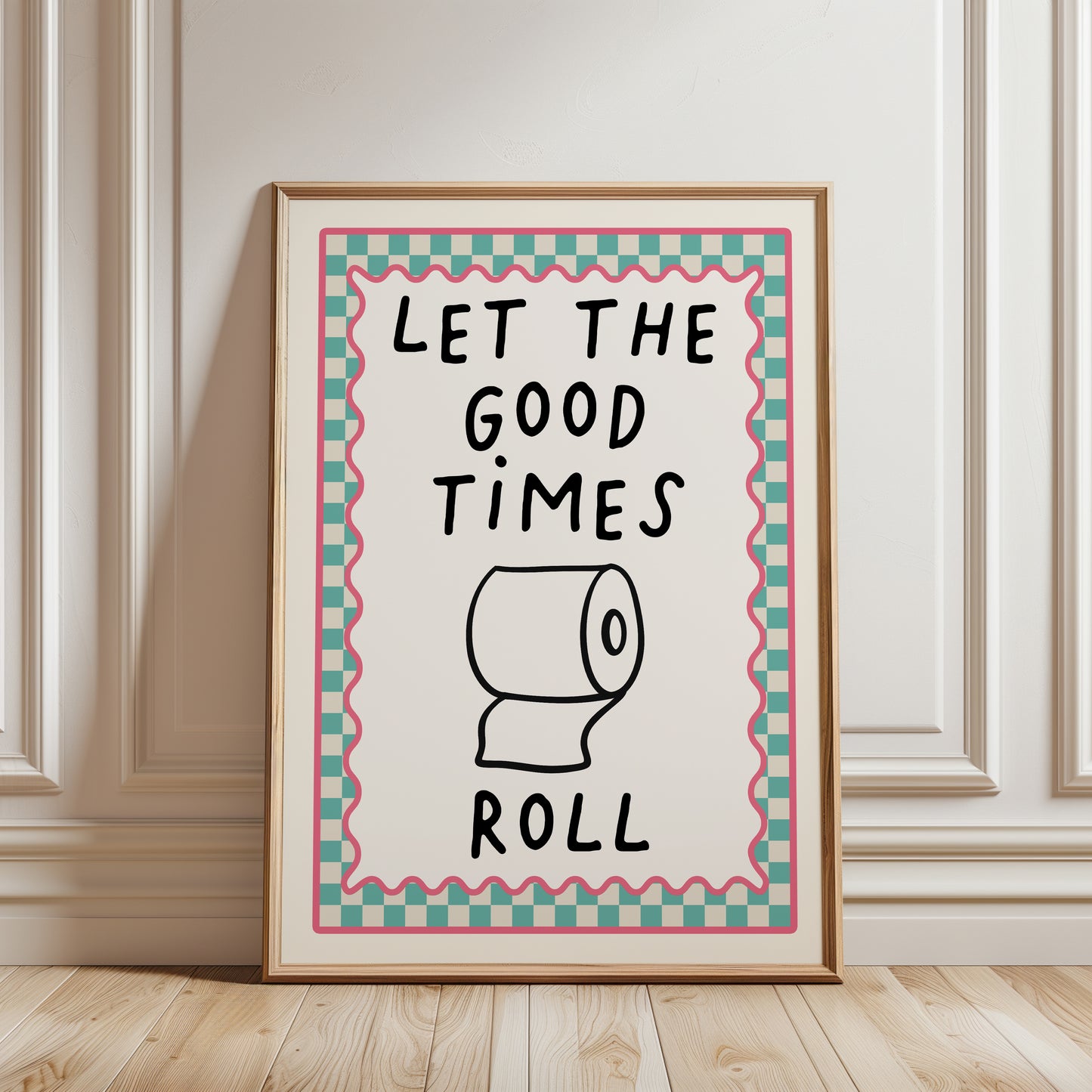 Chequered Bathroom Print, Let the Good Times Roll, Aqua