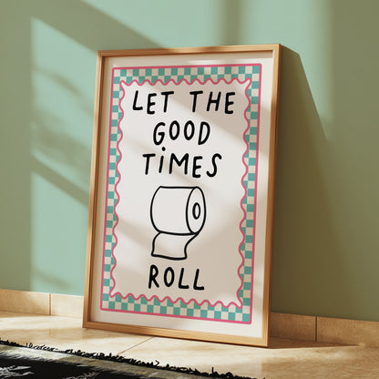 Chequered Bathroom Print, Let the Good Times Roll, Aqua