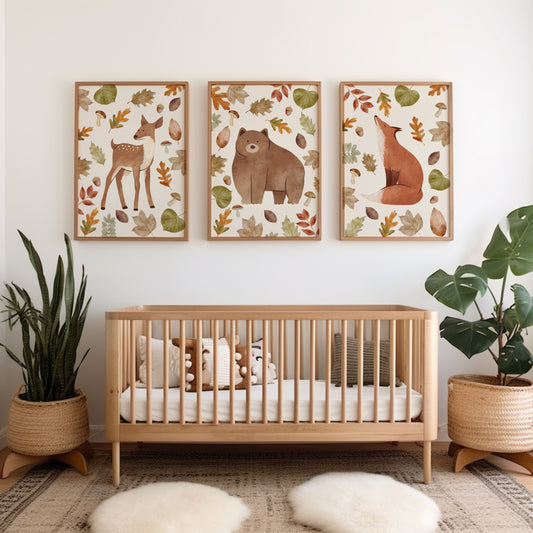 Autumn nursery decor, woodland themed nursery prints in shades of green, beige and brown