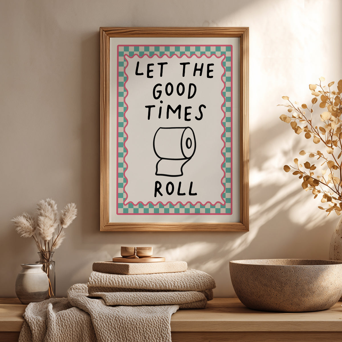 Chequered Bathroom Print, Let the Good Times Roll, Aqua
