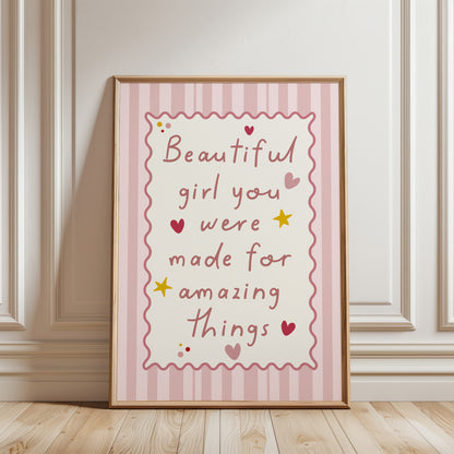 Set of 3 Girls Cute Nursery Wall Art Prints, Pink