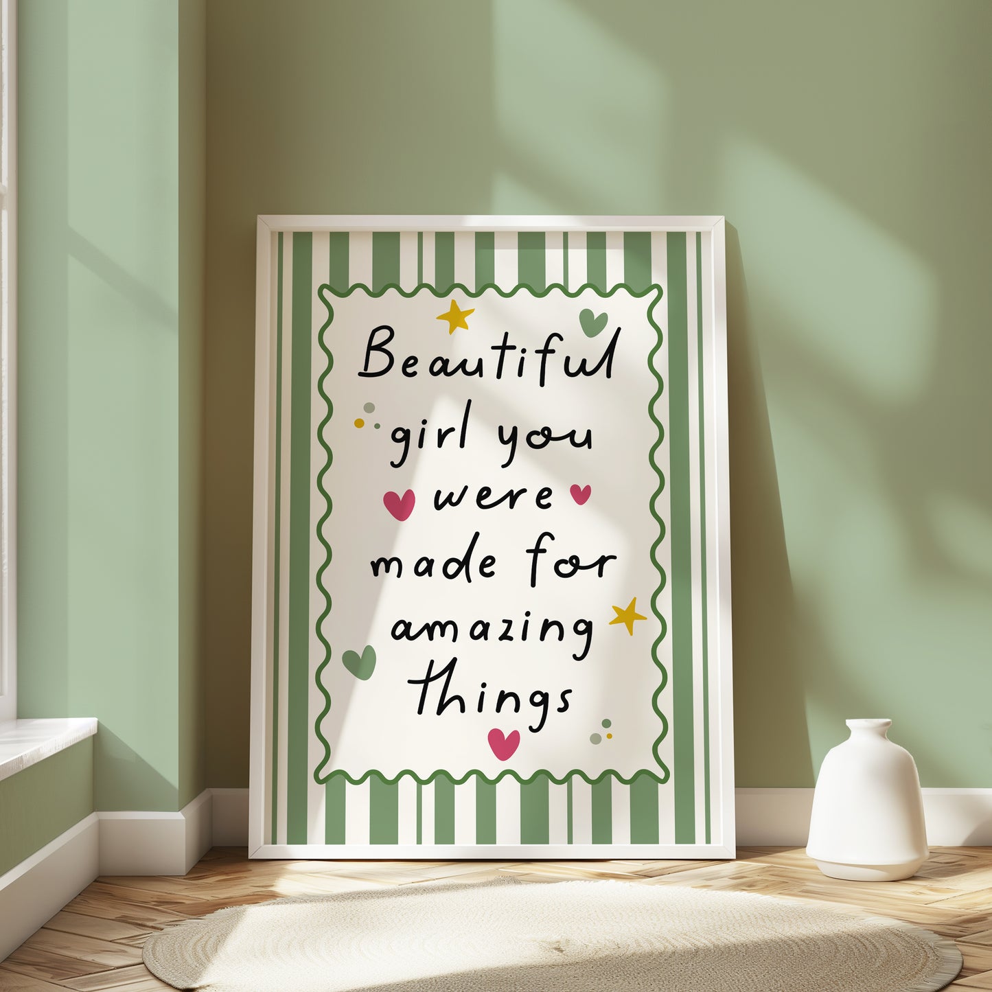 Girls Quote Wall Art Print, Beautiful Girl, Green