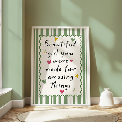 Girls Quote Wall Art Print, Beautiful Girl, Green