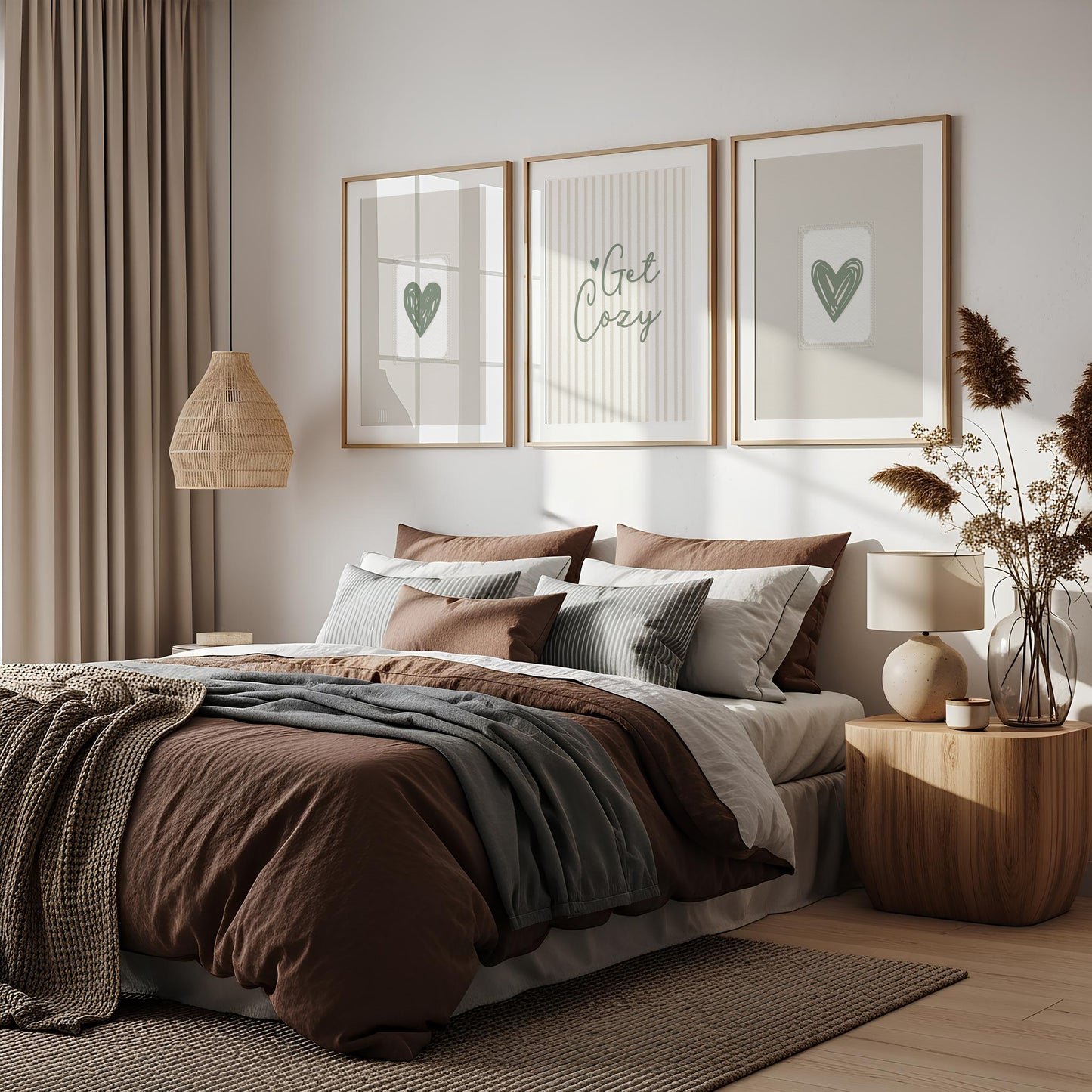 Set of 3 Sage Green Bedroom Prints, Get Cozy