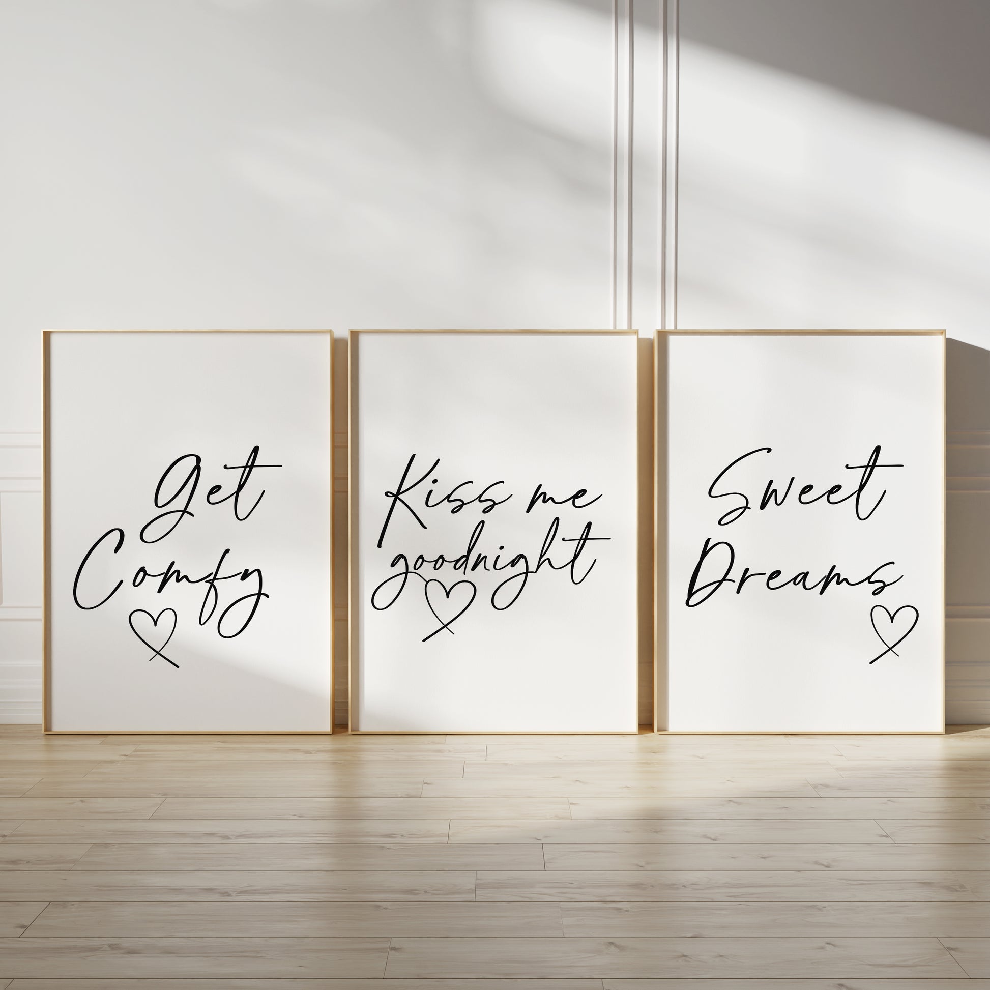 bedtime quote prints, get comfy, kiss me goodnight, sweet dreams, set of 3