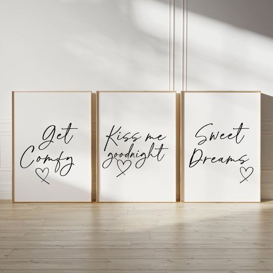 bedtime quote prints, get comfy, kiss me goodnight, sweet dreams, set of 3