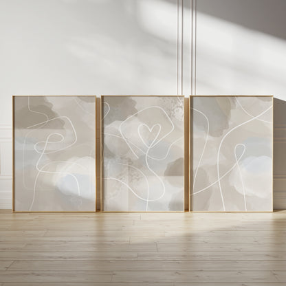 beige abstract art with line art, set of 3 prints