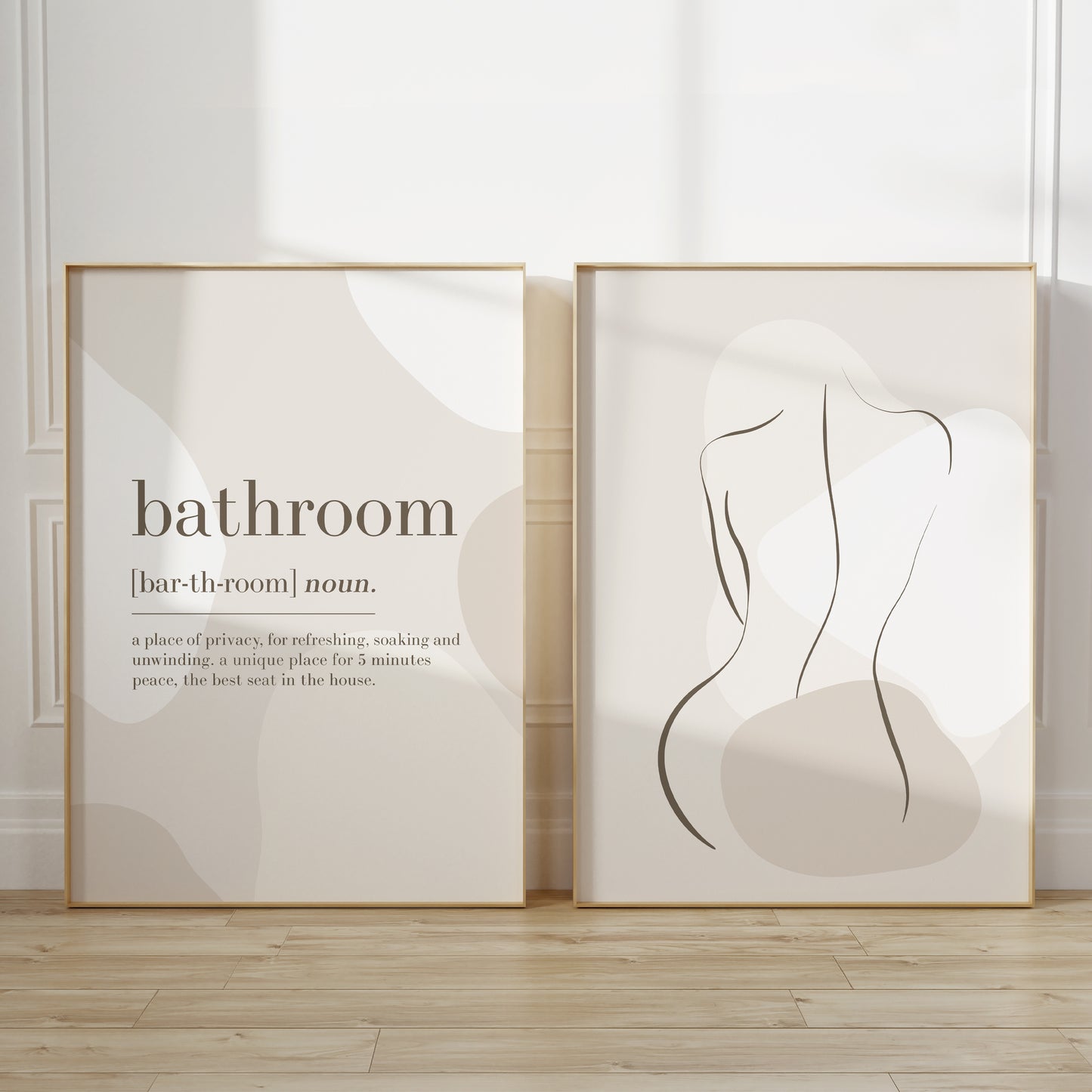 Set of 2 bathroom prints in beoge and brown, with bathroom definition and women line art.