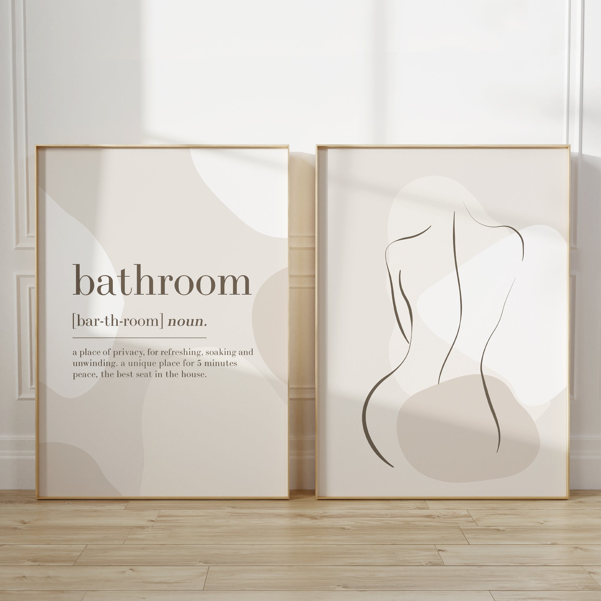 Set of 2 bathroom prints in beoge and brown, with bathroom definition and women line art.