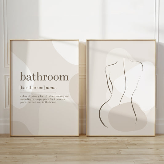 Set of 2 bathroom prints in beoge and brown, with bathroom definition and women line art.
