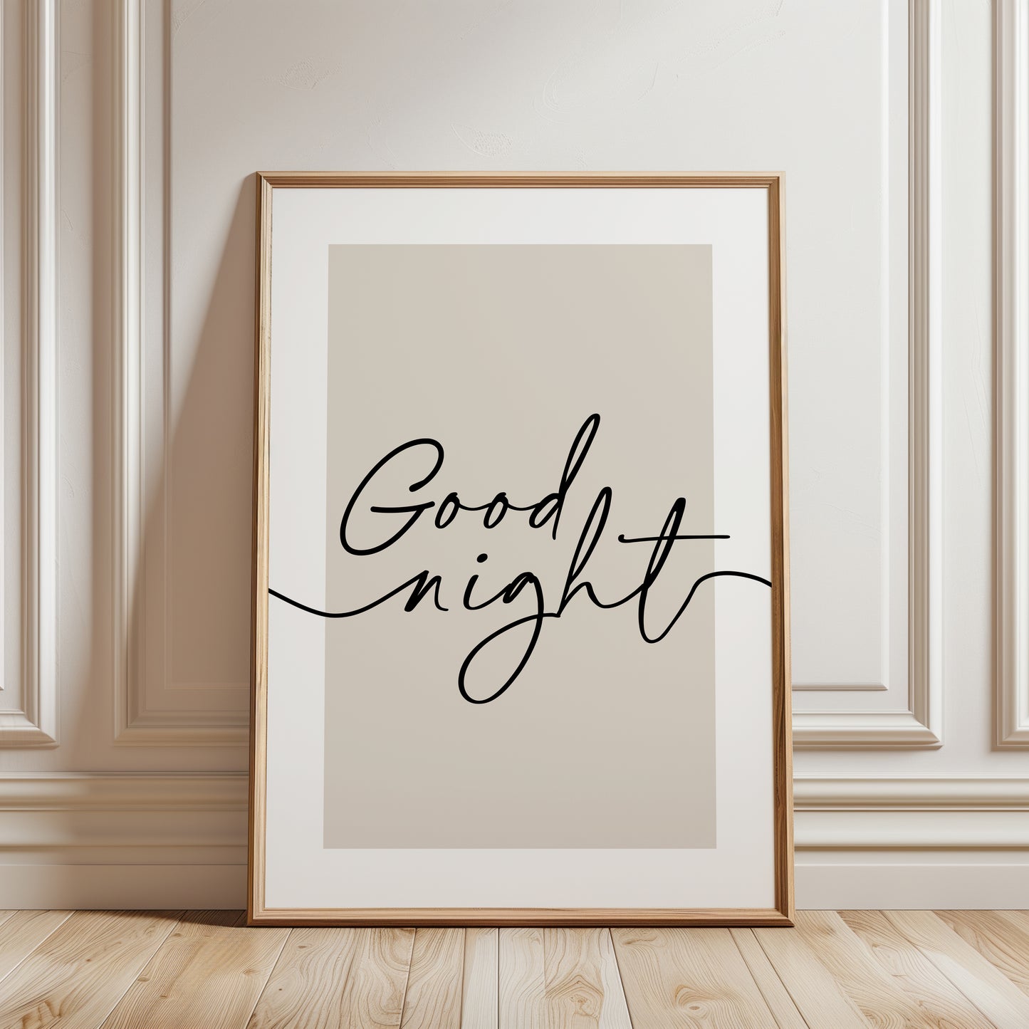 typographic wall art print. The print features the words 'Good night' in black cursive script over a warm beige background with white border