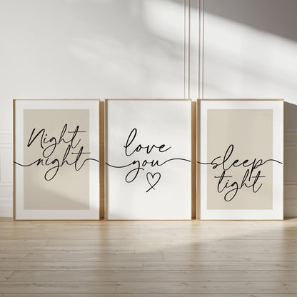 set of 3 bedroom prints with bedtime quotes night night love you sleep tight