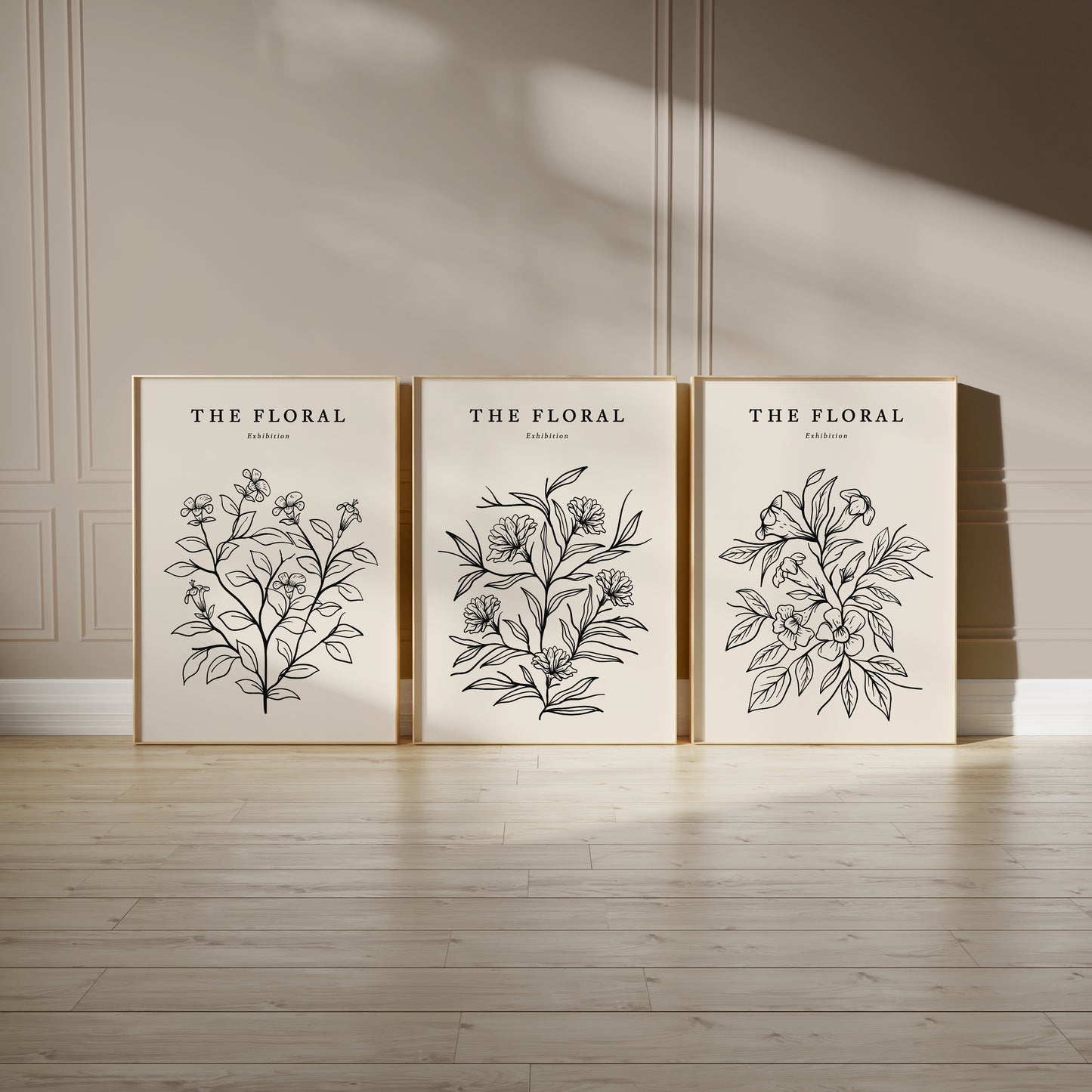 Beige wall art, set of three prints with botanical line art