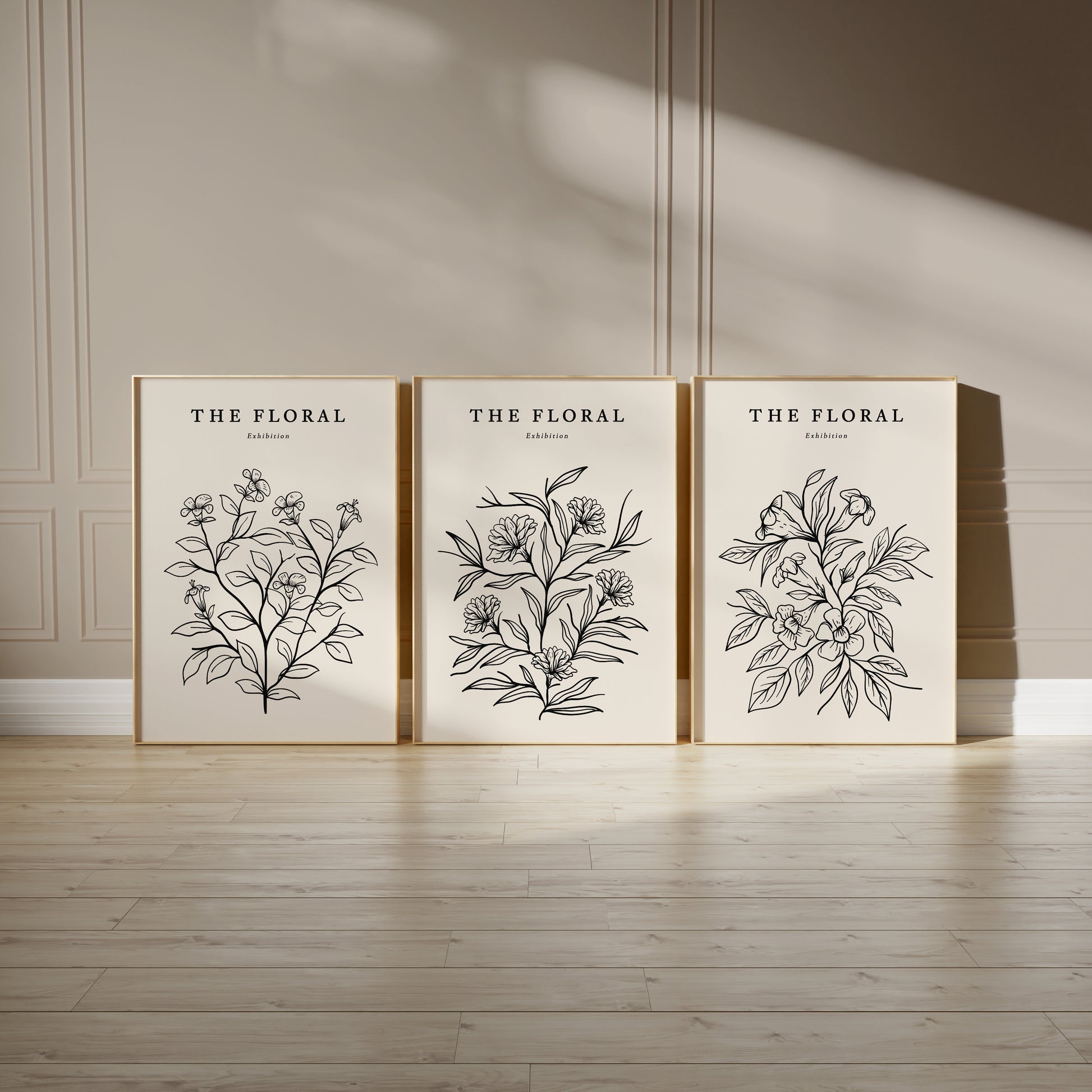 Beige wall art, set of three prints with botanical line art