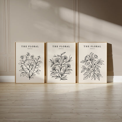 Beige wall art, set of three prints with botanical line art