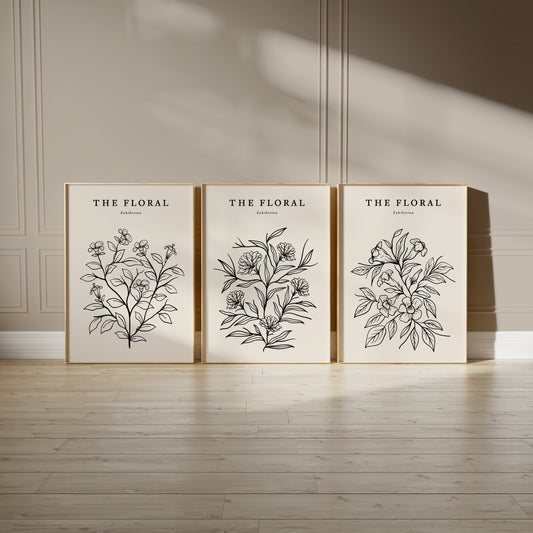 Beige wall art, set of three prints with botanical line art