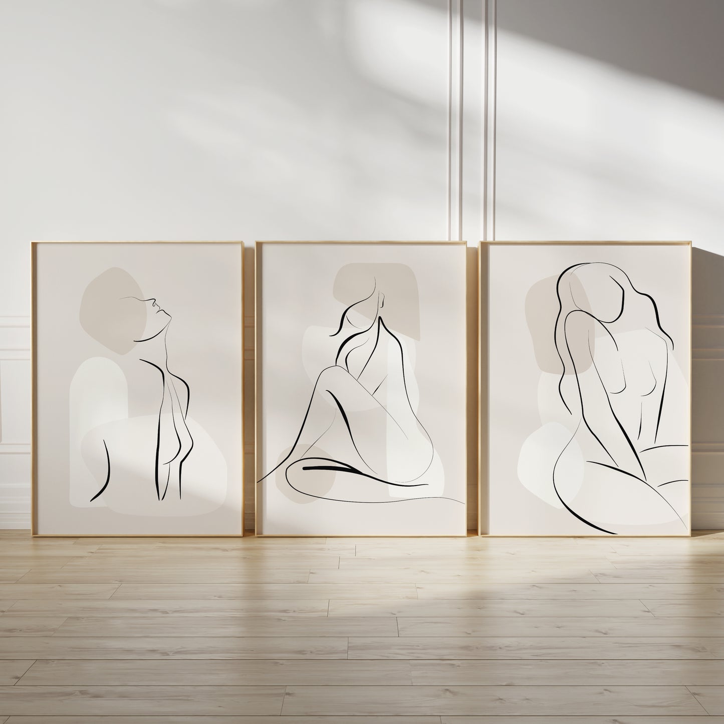 Beige bedroom wall art prints with abstract shapes and women line art