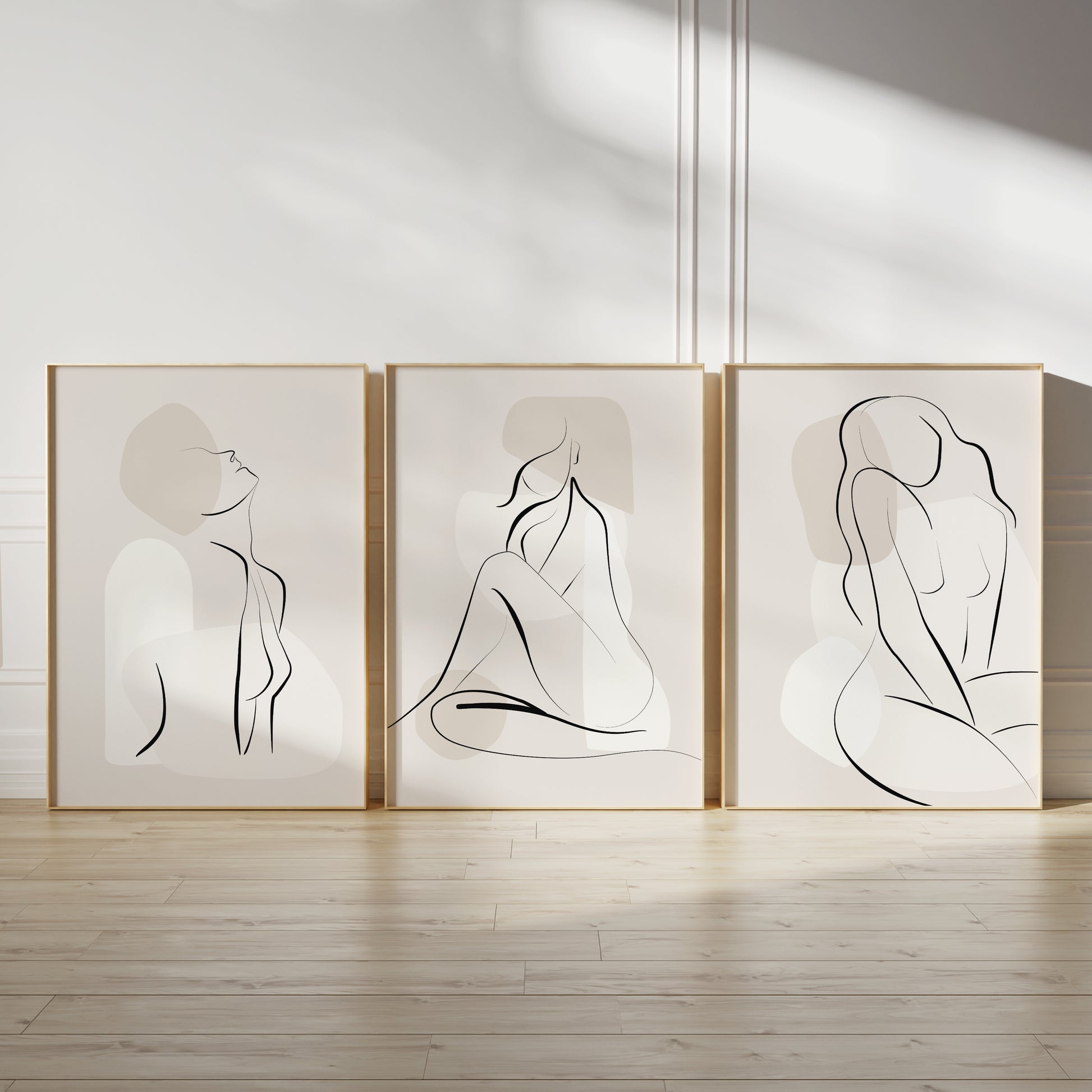 Beige bedroom wall art prints with abstract shapes and women line art