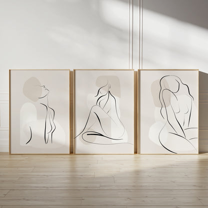 Beige bedroom wall art prints with abstract shapes and women line art
