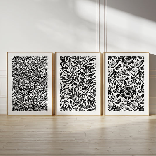 Black abstract art, set of 3 prints with William Morris leaf patterns