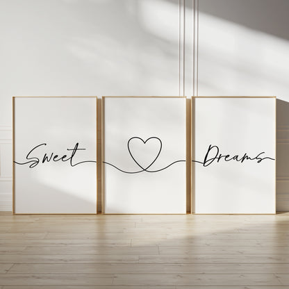 Minimalist bedroom prints with bedtime quote "SWEET DREAMS" and line art love heart. Bedroom trio