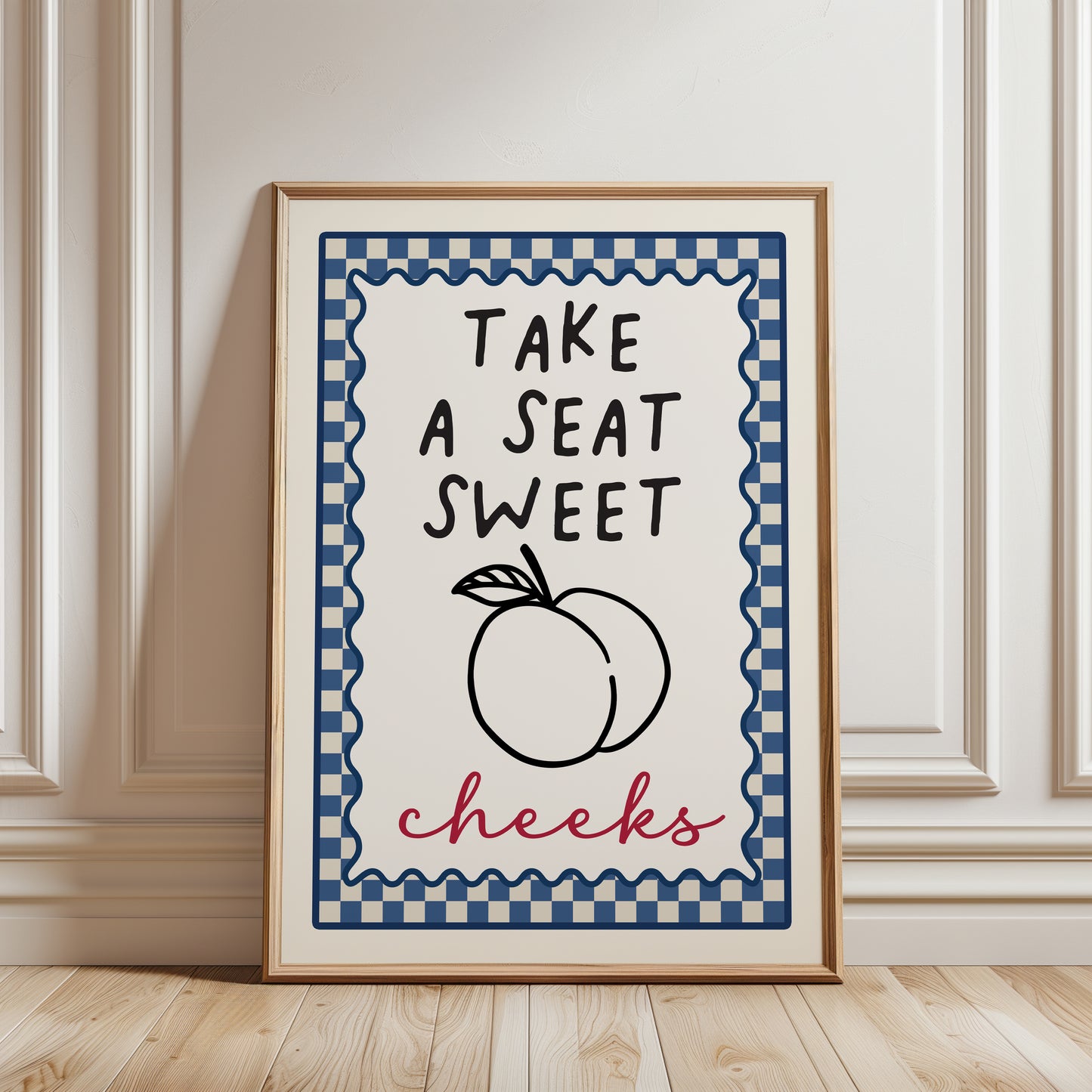 funny bathroom print with chequered border and funny quote "TAKE A SEAT SWEET CHEEKS" in blue