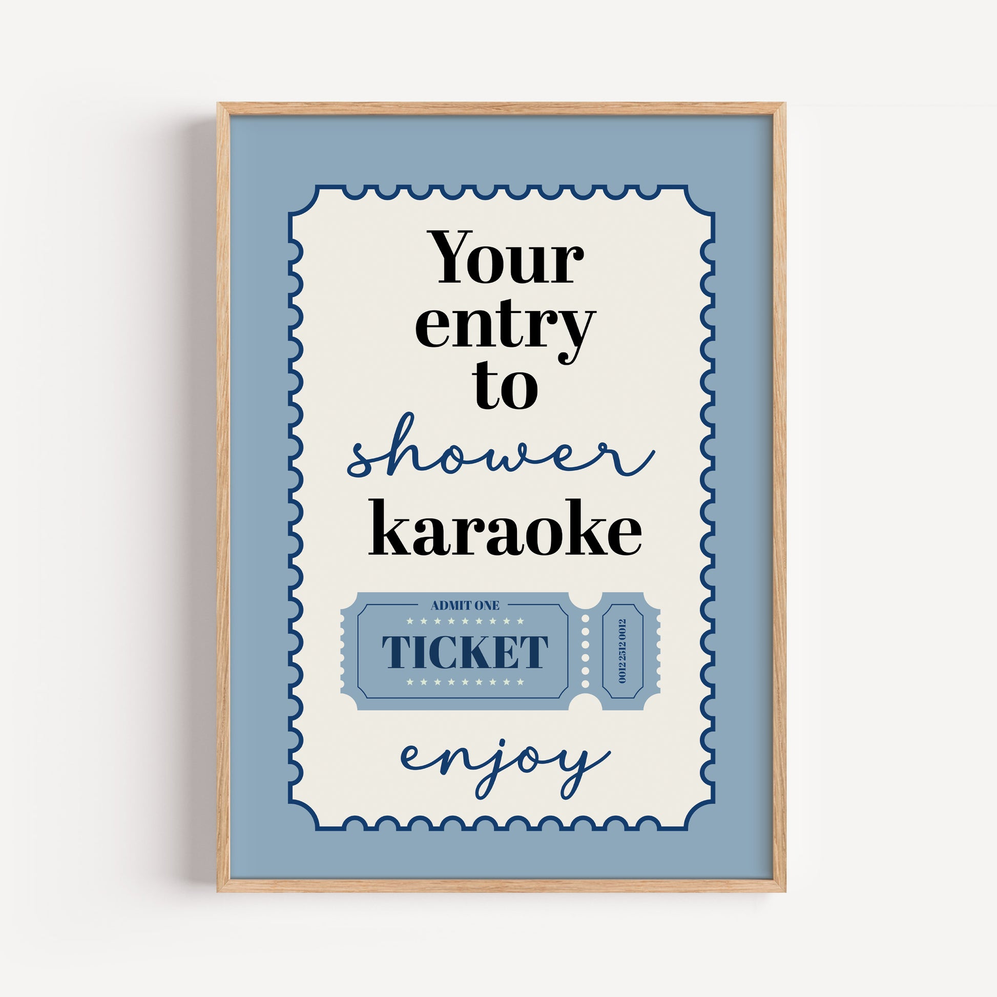 Blue bathroom print, shower karaoke