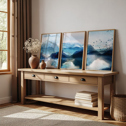 Set of 3 Vibrant Blue Watercolour Landscape Abstract Wall Art Prints