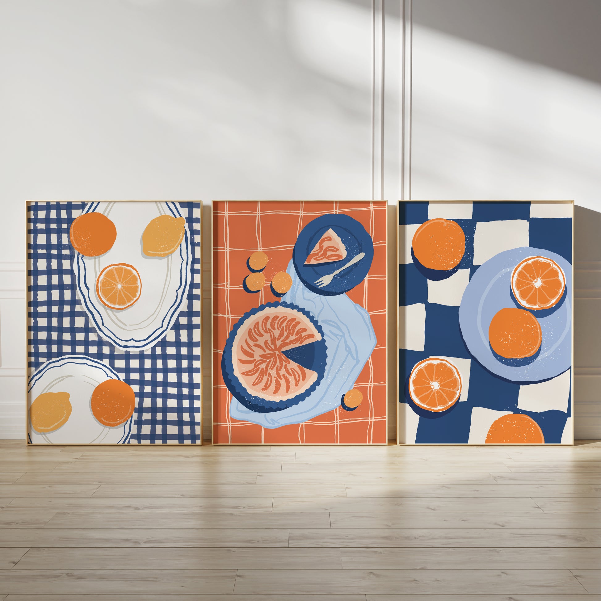 Set of three kitchen wall art prints in blue and orange