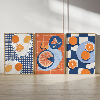 Set of three kitchen wall art prints in blue and orange