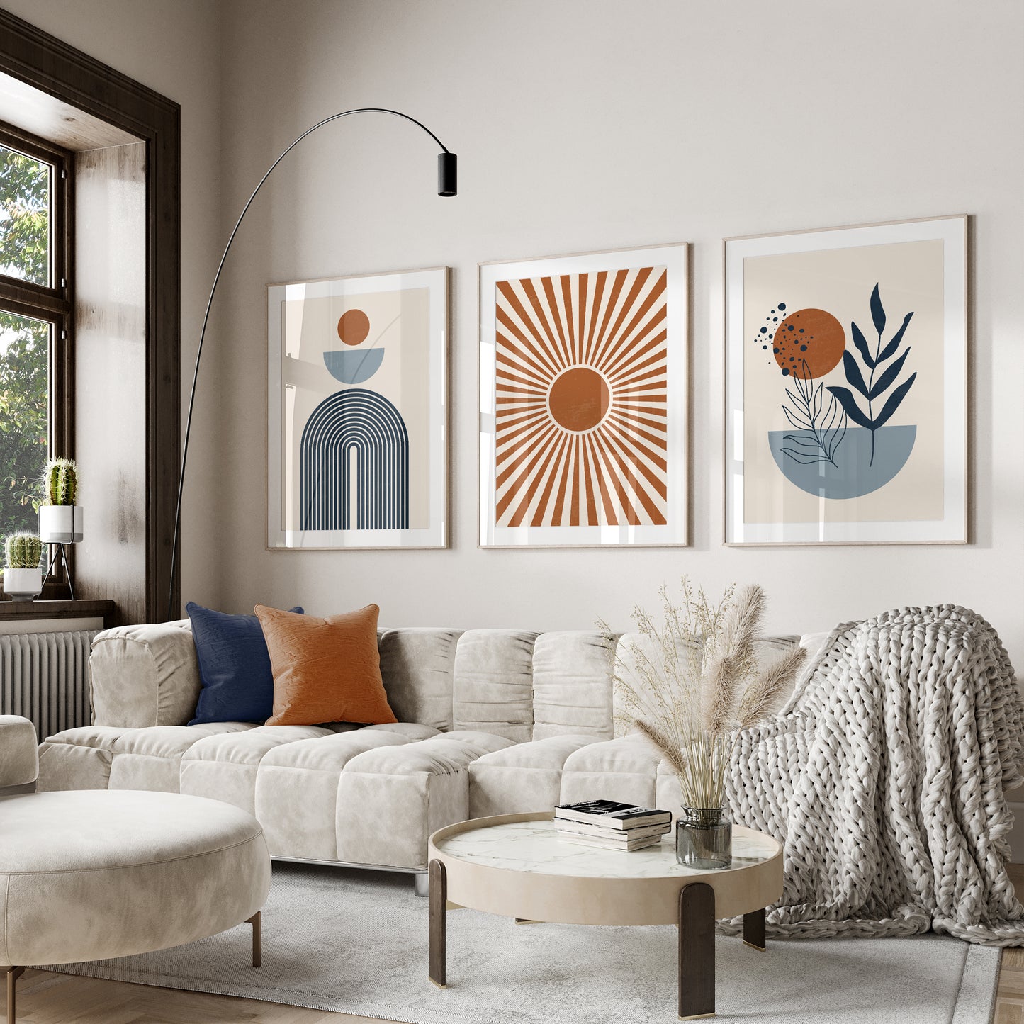 Blue and terracotta boho living room wall art