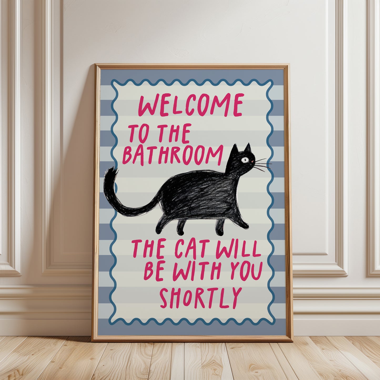 Blue funny bathroom cat wall art print featuring a hand drawn black cat and the quote "Welcome to the Bathroom, the Cat Will Be With You Shortly" on a blue striped background.
