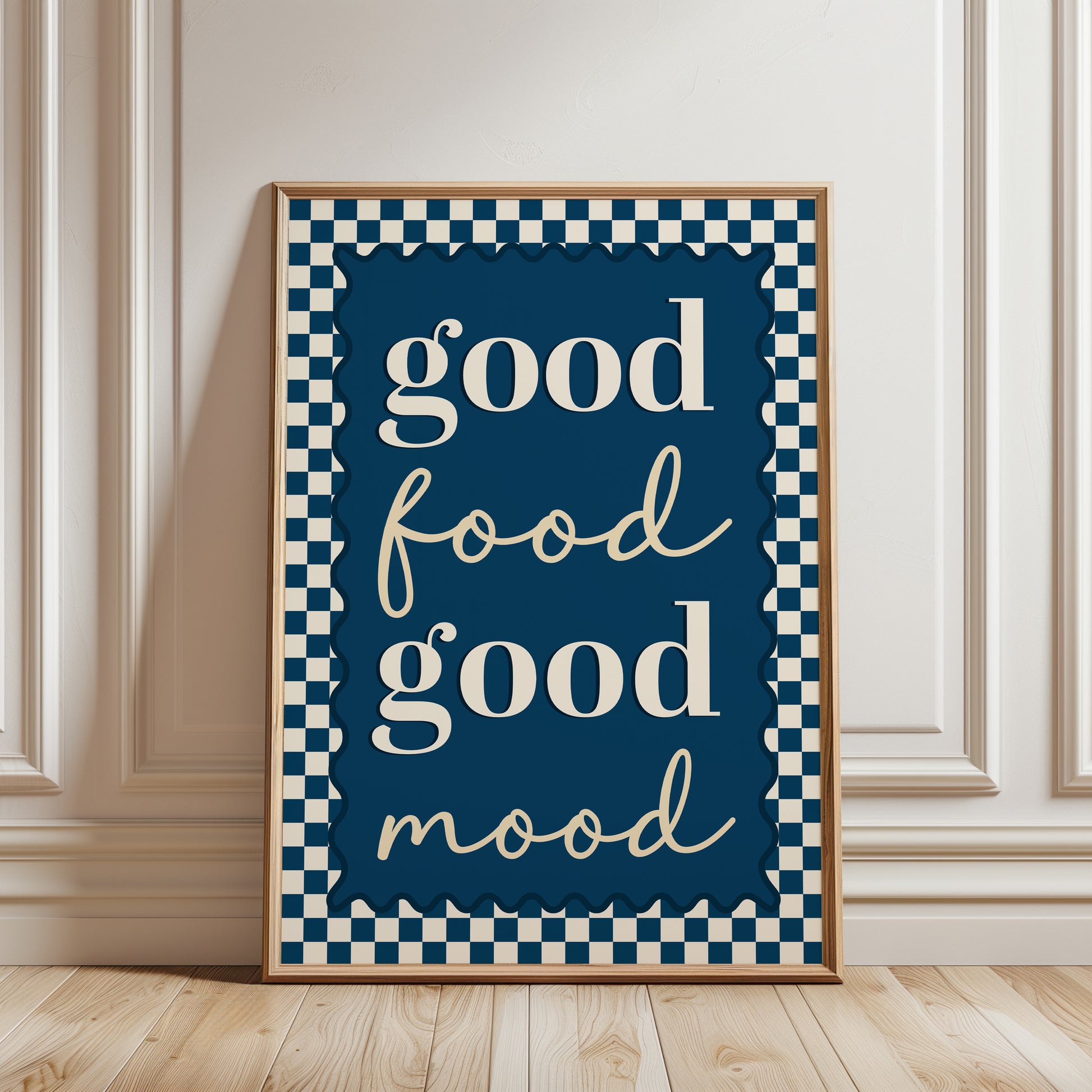 Blue chequered kitchen wall art print with quote "good food good mood"