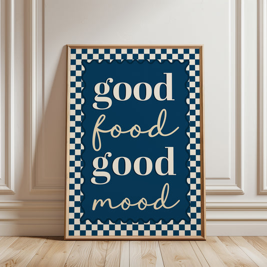 Blue chequered kitchen wall art print with quote "good food good mood"