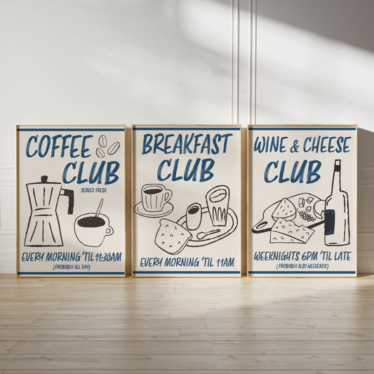 set of 3 blue and beige kitchen prints