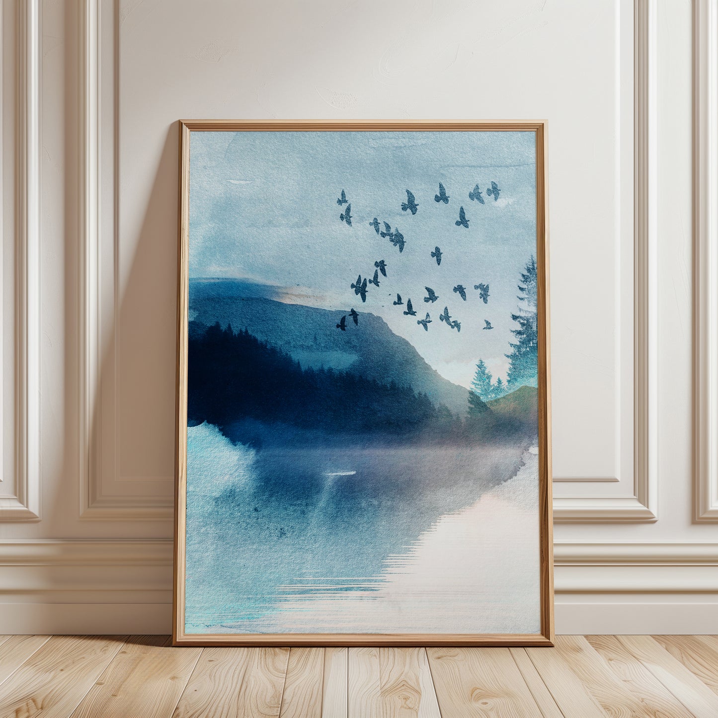 Vibrant Blue Watercolour Landscape Abstract Wall Art Print for living room decor