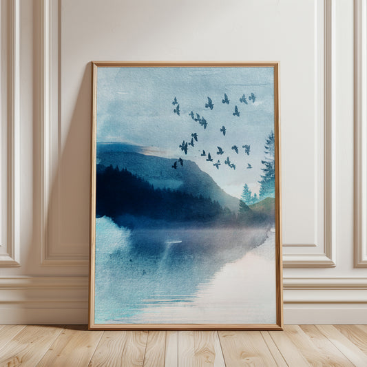 Vibrant Blue Watercolour Landscape Abstract Wall Art Print for living room decor
