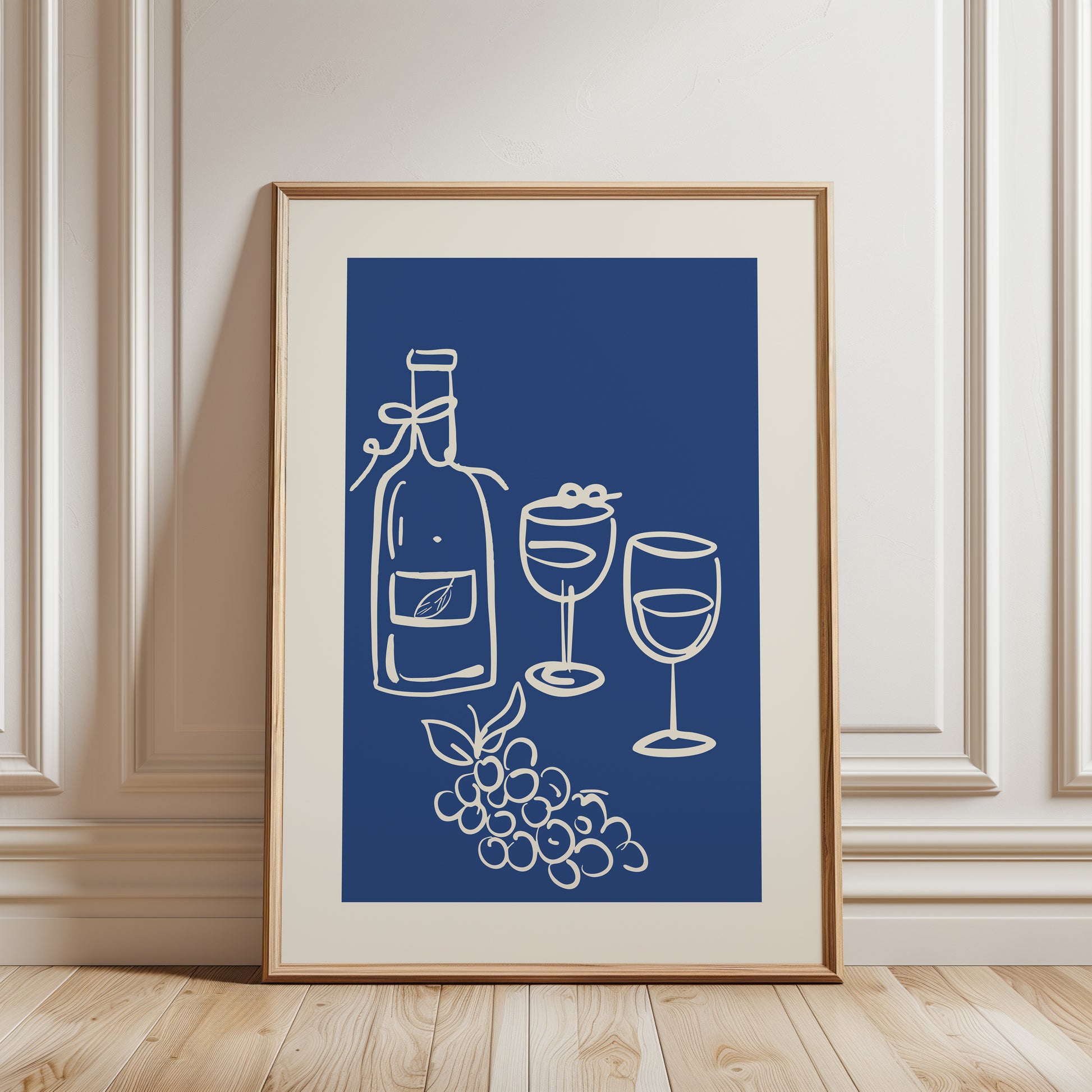 print with wine bottle, wine glasses and grape illustrations on a blue background