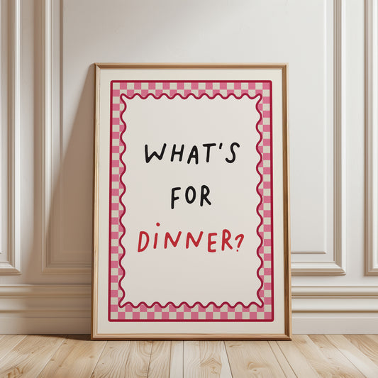 pink dining room wall art print with typography reading "HATS FOR DINNER?"