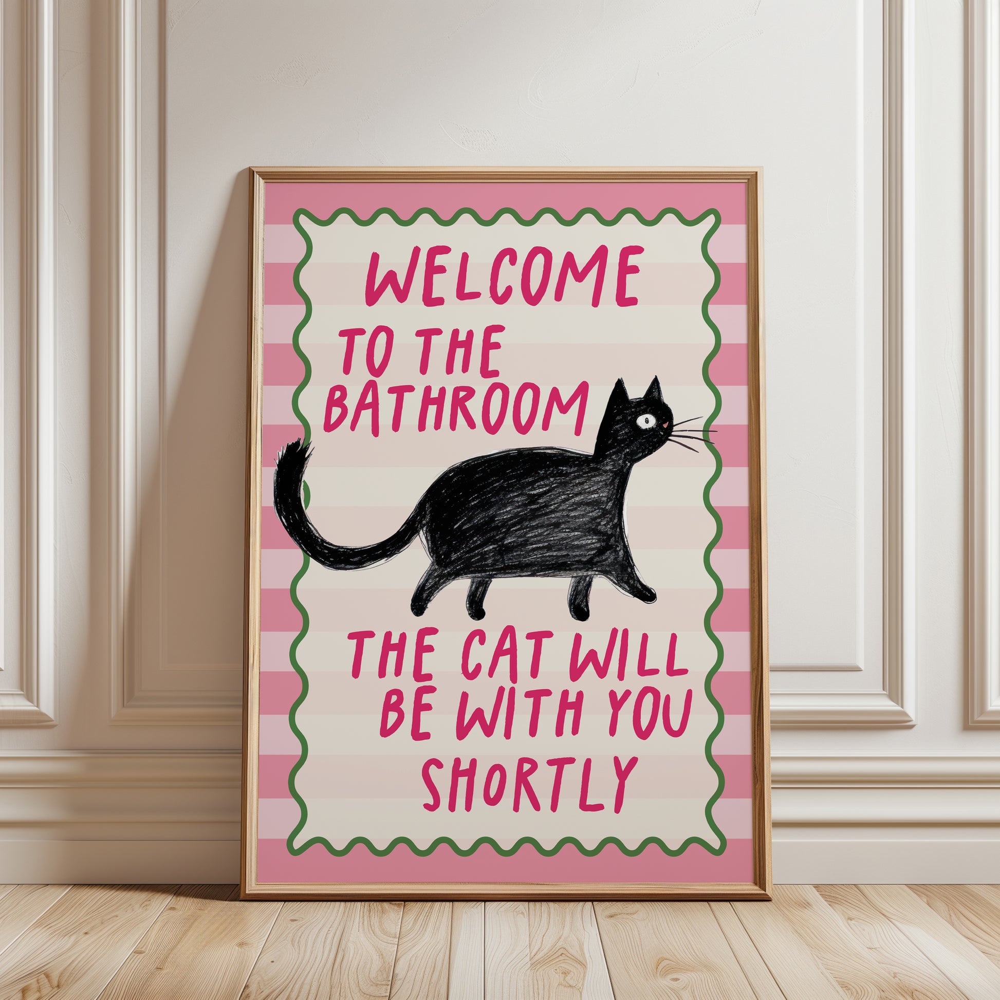Pink funny bathroom cat wall art print featuring a black cat and the quote "Welcome to the Bathroom, the Cat Will Be With You Shortly".