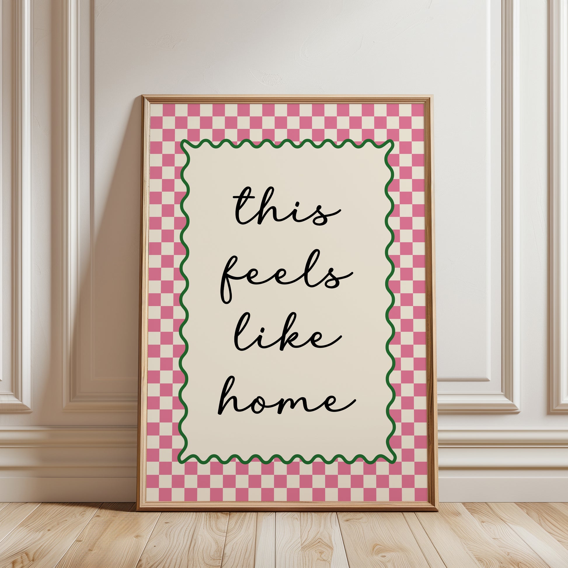 Trendy hallway gallery wall art print with quote "this feels like home" in sage green with a chequered border