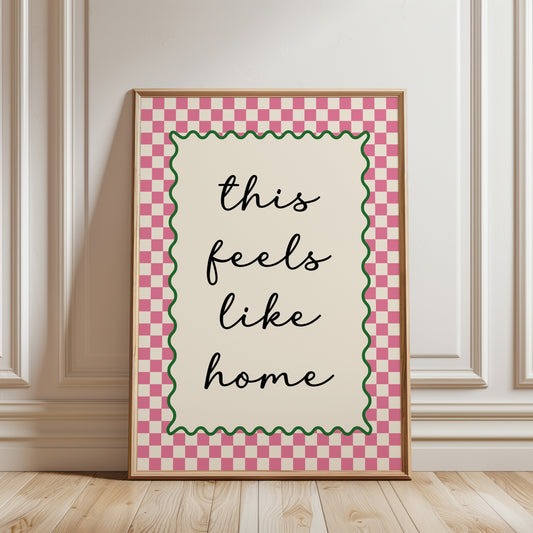 Trendy hallway gallery wall art print with quote "this feels like home" in sage green with a chequered border