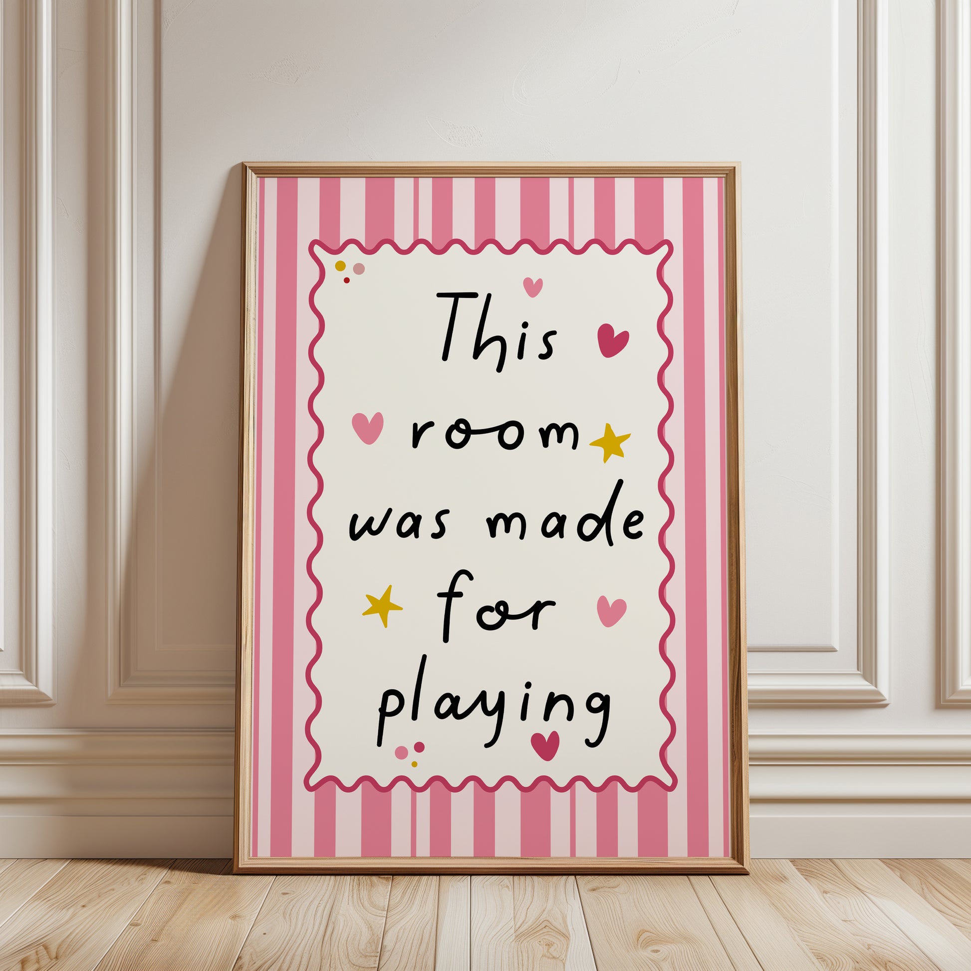 blush pink playroom print with quote, typography print with illustrations of love hearts and stars, on a striped backround