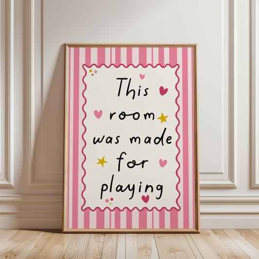 blush pink playroom print with quote, typography print with illustrations of love hearts and stars, on a striped backround