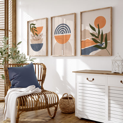 Boho wall art in watercolour shades of blue and orange, trio of prints