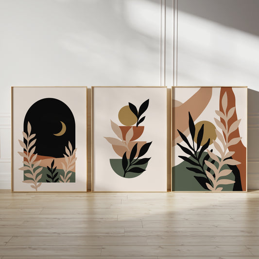 Set of 3 boho wall art prints in earth colours