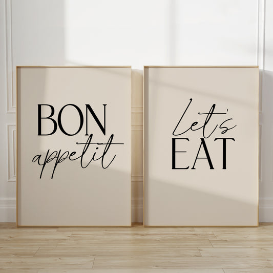 Set of 2 dining room prints, with typography BON APPETIT and LETS EAT, in beige